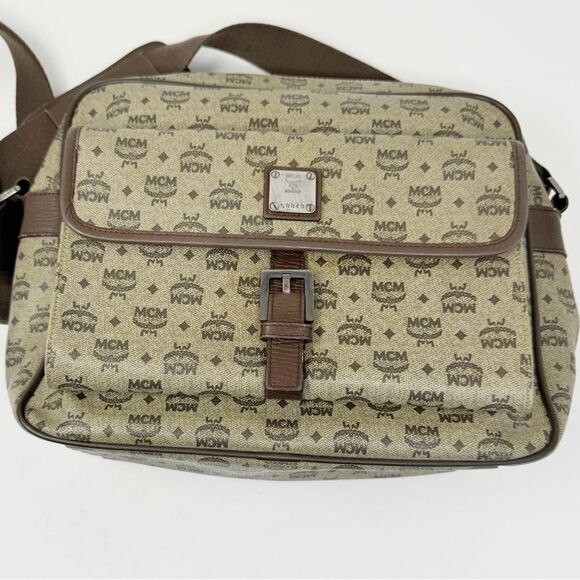 MCM | Authentic UNISEX Visetos Tan & Brown Messenger Bag Medium Size - Picture 1 of 13